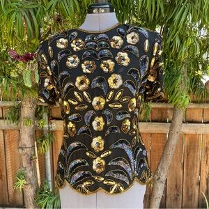 Vintage Patra Silk Sequined Short Sleeve Top  size PM